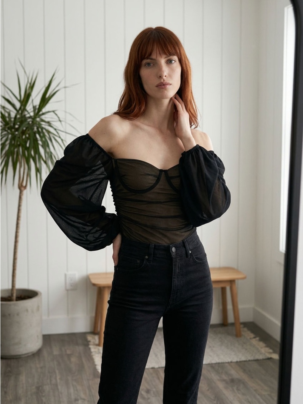 Oh Polly Black Sheer Puff Sleeve Bodysuit with Underwire